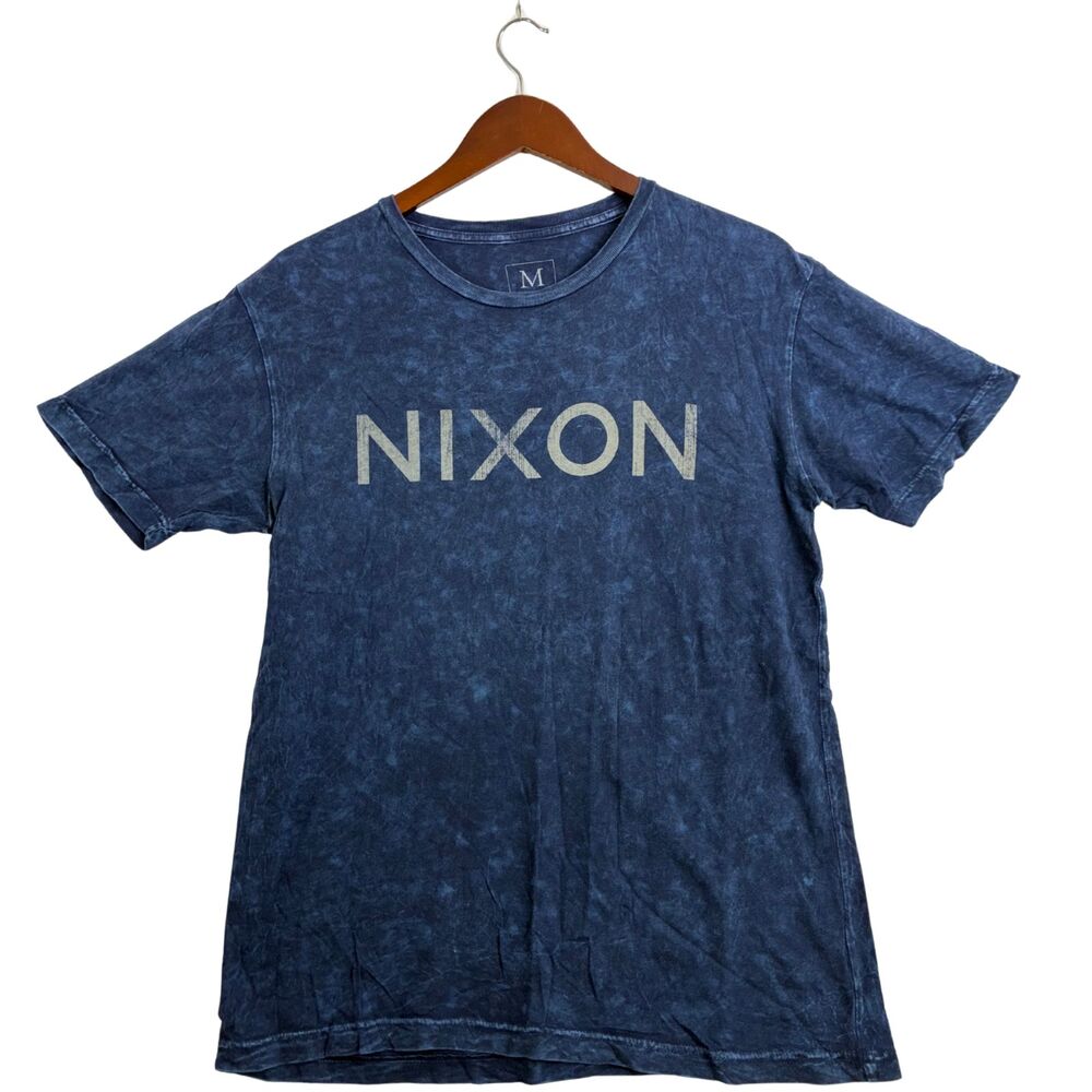 Nixon Mens M Blue Acid Wash Logo T Shirt 100% Cotton Regular Fit Graphic Tee